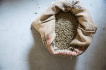 Несмажені кавові зерна в джутовому мішку — стокове фото