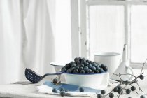 Blackthorn fruits in an enamel bowl with a blackthorn branch and a funnel on a kitchen table — Stock Photo
