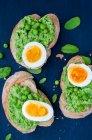 Torradas com purê de ervilhas verdes, ovo cozido e manjericão fresco — Fotografia de Stock