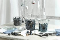 Blackthorn fruits in storage jars on a kitchen table with a blackthorn branch and scissors — Stock Photo