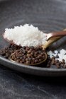 Black peppercorns and sea salt — Stock Photo