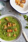 Summer soup of pea, asparagus and watercress topped with sourdough croutons, extra virgin olive oil and fresh mint — Stock Photo