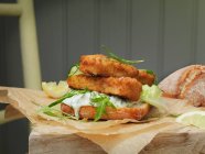 Dedos de pescado Sandwich abierto con salsa - foto de stock