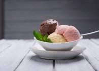 Веганское неаполитанское мороженое (клубника, ваниль и шоколад) — стоковое фото