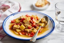 Gulash de tofu con pimientos, papas, tomates secos, cebollas y chiles - foto de stock
