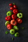 Tomates vermelhos e verdes em concreto com folhas de manjericão — Fotografia de Stock