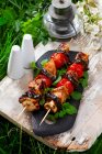 Espetos de frango grelhados com beringela e tomate — Fotografia de Stock