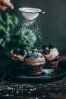 Шоколадные кексы со сливками и ежевикой, посыпанные сахарной пудрой — стоковое фото