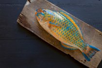 Un poisson perroquet frais sur une planche de bois — Photo de stock
