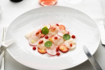 Scallops with radishes, rhubarb and strawberries — Stock Photo