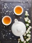 Bol à thé, théière et fleurs blanches — Photo de stock