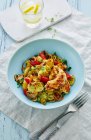 Fried potato salad with chicken fillets — Stock Photo