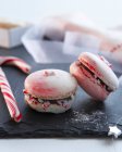 Pink macarons filled with chocolate and candy canes (Christmas) — Stock Photo