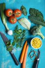 Verschiedenes Gemüse, frische Kräuter und Zuckermaiskörner — Stockfoto