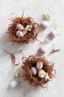 Chocolate Easter nests made from dried noodles — Stock Photo