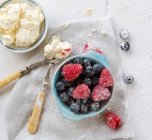 Raspberries Blueberries in a pot with whipped cream — Stock Photo