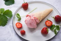Веганское клубничное мороженое в вафельном конусе — стоковое фото