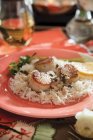 Fried scallops with capers on rice — Stock Photo