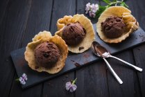 Helado de chocolate vegano con chips de chocolate en cáscaras de waffle - foto de stock