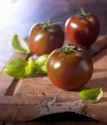 Tomates Kumato en una tabla de madera con albahaca - foto de stock
