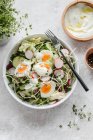 Ensalada con pepino, brotes de rábano, huevos y sopa de yogur - foto de stock
