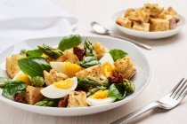 Bread salad with green asparagus, dried tomato, eggs and basil — Stock Photo