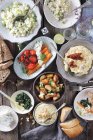A brunch buffet with various tapas and bread (top view) — Stock Photo
