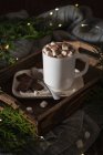 Boisson chaude avec guimauve aux lumières de Noël — Photo de stock