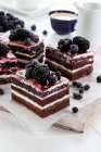 Gâteau au chocolat et crème aux myrtilles et gelée de mûres — Photo de stock