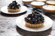 Blueberry and vanilla tartlets on plates and a cooling rack — Stock Photo