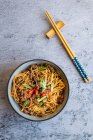 Bowl of noodles with ground pork — Stock Photo