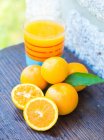 Orange juice squeezed from freshly picked amall Portuguese oranges — Stock Photo
