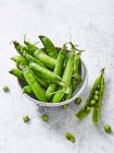 Green peas in a bowl on a gray background. — Stock Photo
