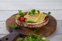 A slice of bread topped with cheese and avocado on a wooden board (vegan) — Stock Photo