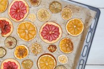 Dried oranges, lemons, limes and grapefruits slices on baking tin — Stock Photo