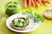Pesto of carrot leaves as bread spread, decorated with daisies — Stock Photo