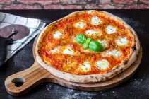 Marguerita clásica para pizza elaborada con masa fermentada, salsa de tomate con orégano y aceite de oliva, queso mozzarella y albahaca fresca - foto de stock