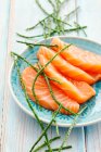 Fresh salmon steaks and saltwort on a plate — Stock Photo
