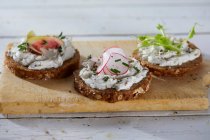 Wholemeal bread topped with herb cream cheese, vegetables and herbs (vegan) — Stock Photo