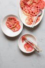 Рожевий томатний салат з подрібненою весняною цибулею, оливковою олією, сушеним орегано та морськими соляними пластівцями — стокове фото