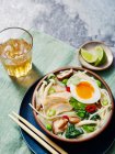 Mushroom Miso Ramen Served With glass of Beer — Stock Photo