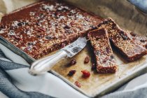 Homemade chocolate bars with raisins, sesame seeds and coconut flakes — Stock Photo