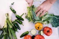 Савойська капуста, цибуля, зелений перець і помідори подрібнені на дошці — стокове фото
