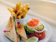 Club sandwich with side salad and French fries — Stock Photo