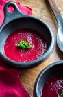 Zuppa di barbabietola rossa e cavolo guarnita con foglie di cavolo — Foto stock