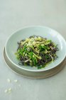 Fideos de frijol negro con col de col y arroz verde frito (vegetariano) - foto de stock