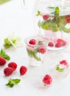 Bebida favorecida com framboesas, hortelã e cubos de gelo — Fotografia de Stock