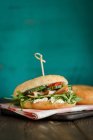 Бутерброд з багелем з копченою грудкою індички, ракетою та огірками — стокове фото