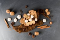 Vários biscoitos de Natal diferentes, especiarias e nozes — Fotografia de Stock