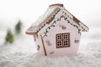 Gingerbread house with pink icing and sugar powder snow — Stock Photo